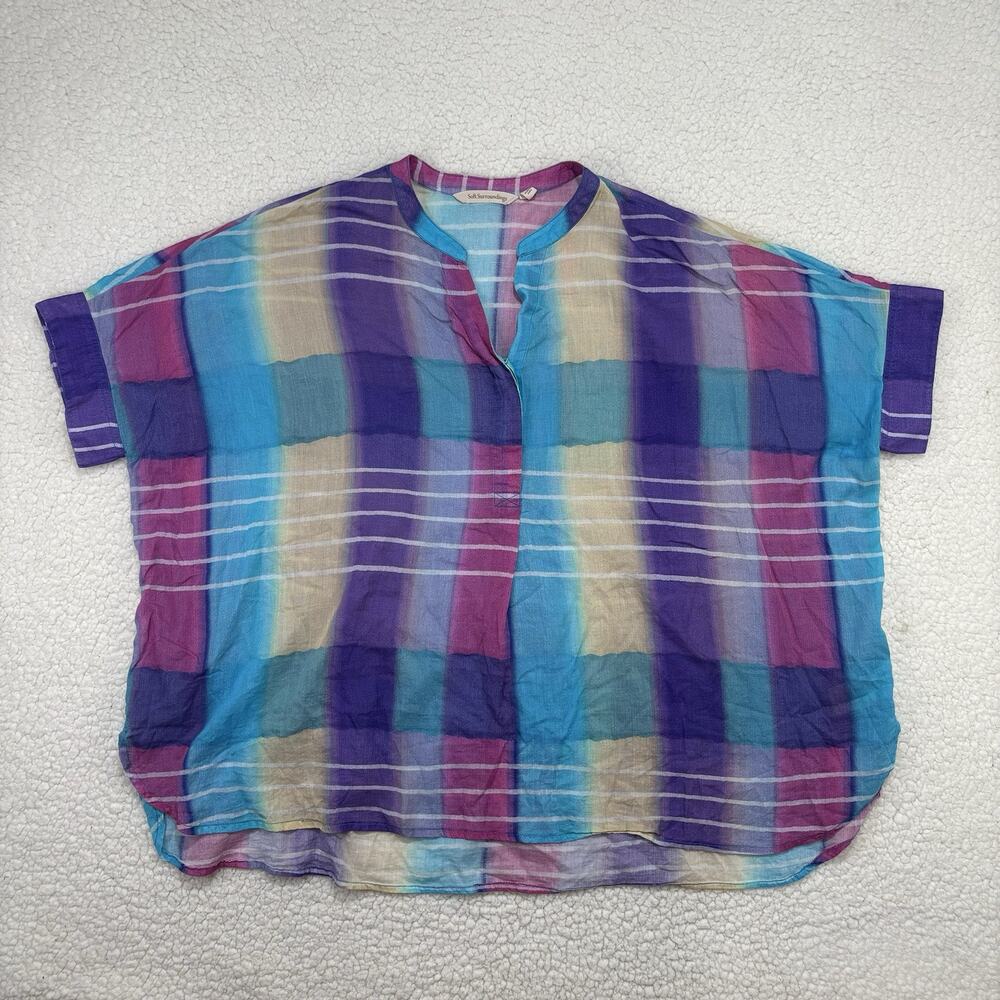 Soft Surroundings Plaid Blouse Womens PM Short‎ Sleeve Cotton Boxy Tunic Flowy